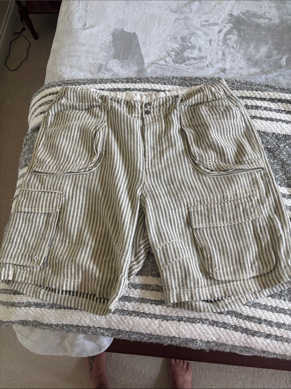 Free People Beige and White Striped Cargo Bermudas